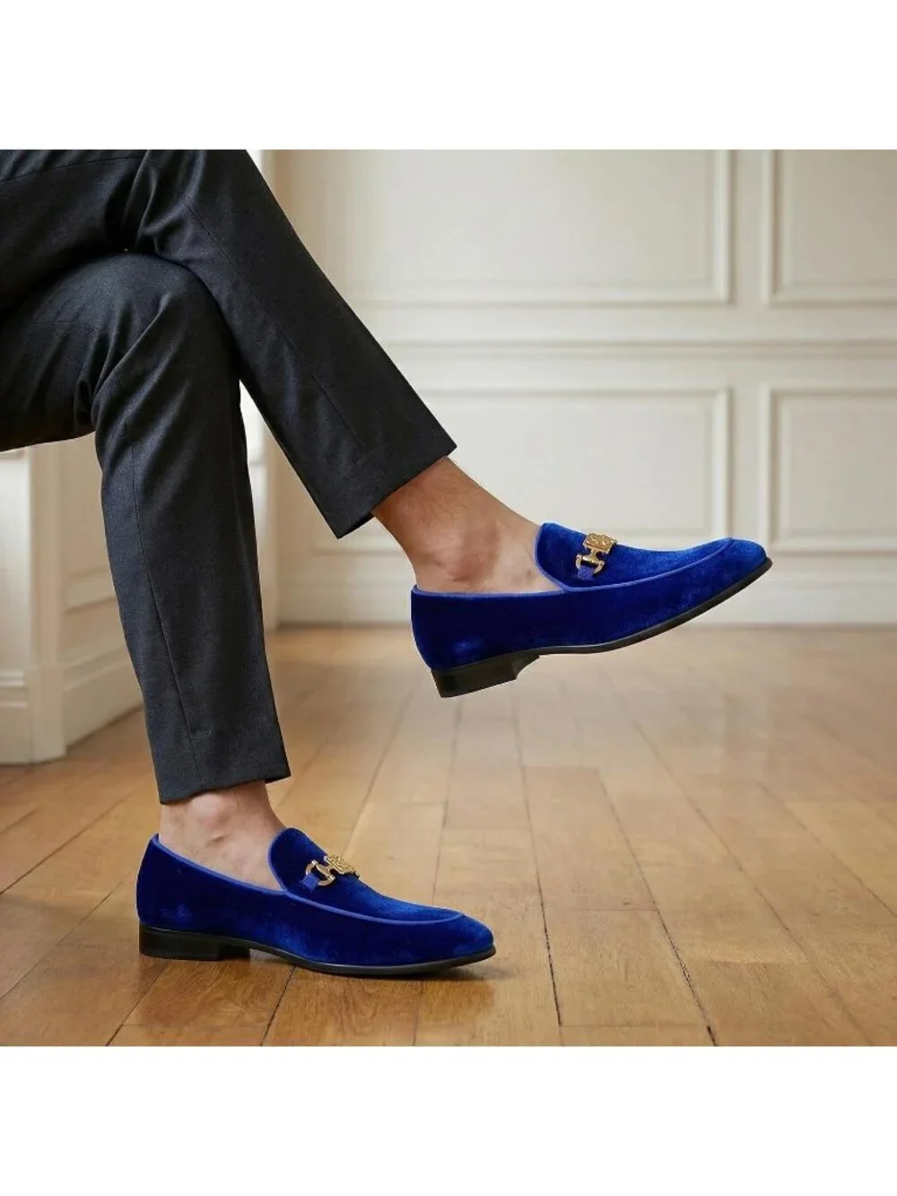 REIHUANNE Men Royal Blue Velvet Loafer Metal Buckle Slip On Luxury Smoking Shoes